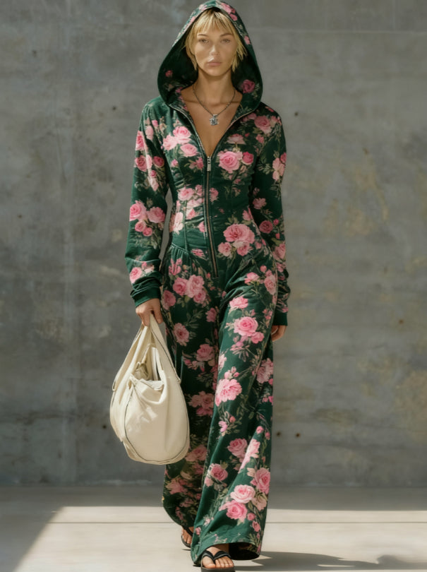 Printed Casual Hooded Zip-Up Slim-Fit Jumpsuit