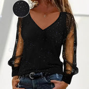 Loose V-Neck Long Sleeve T-Shirt – Soft Silk Blend with Mesh Detail