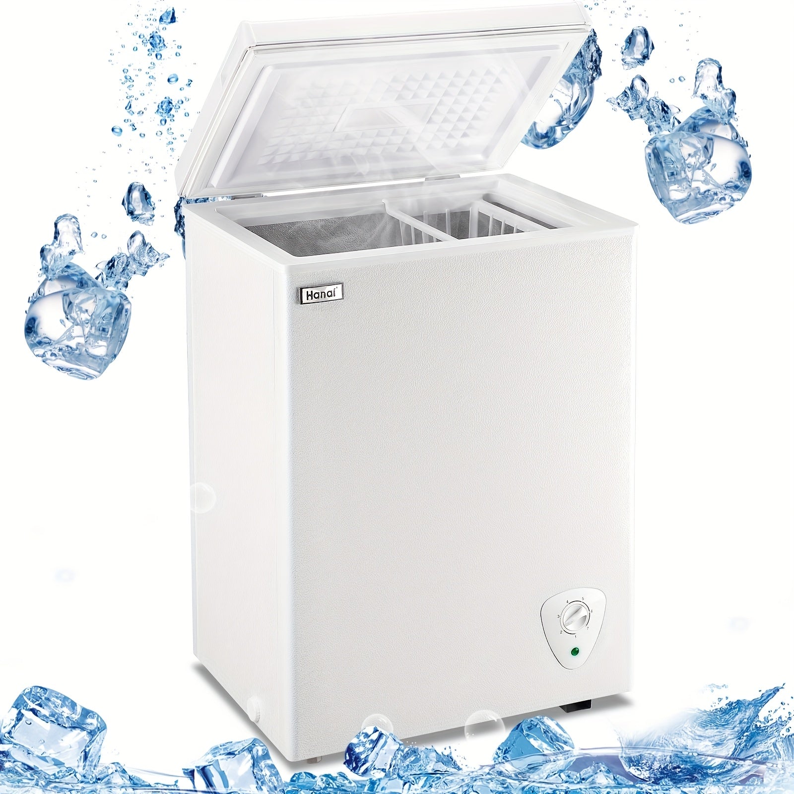 Small Chest Freezer, 3.5‑5.0 Cubic Feet, Adjustable Temperature, Top‑Open Door with Removable Storage Basket, White