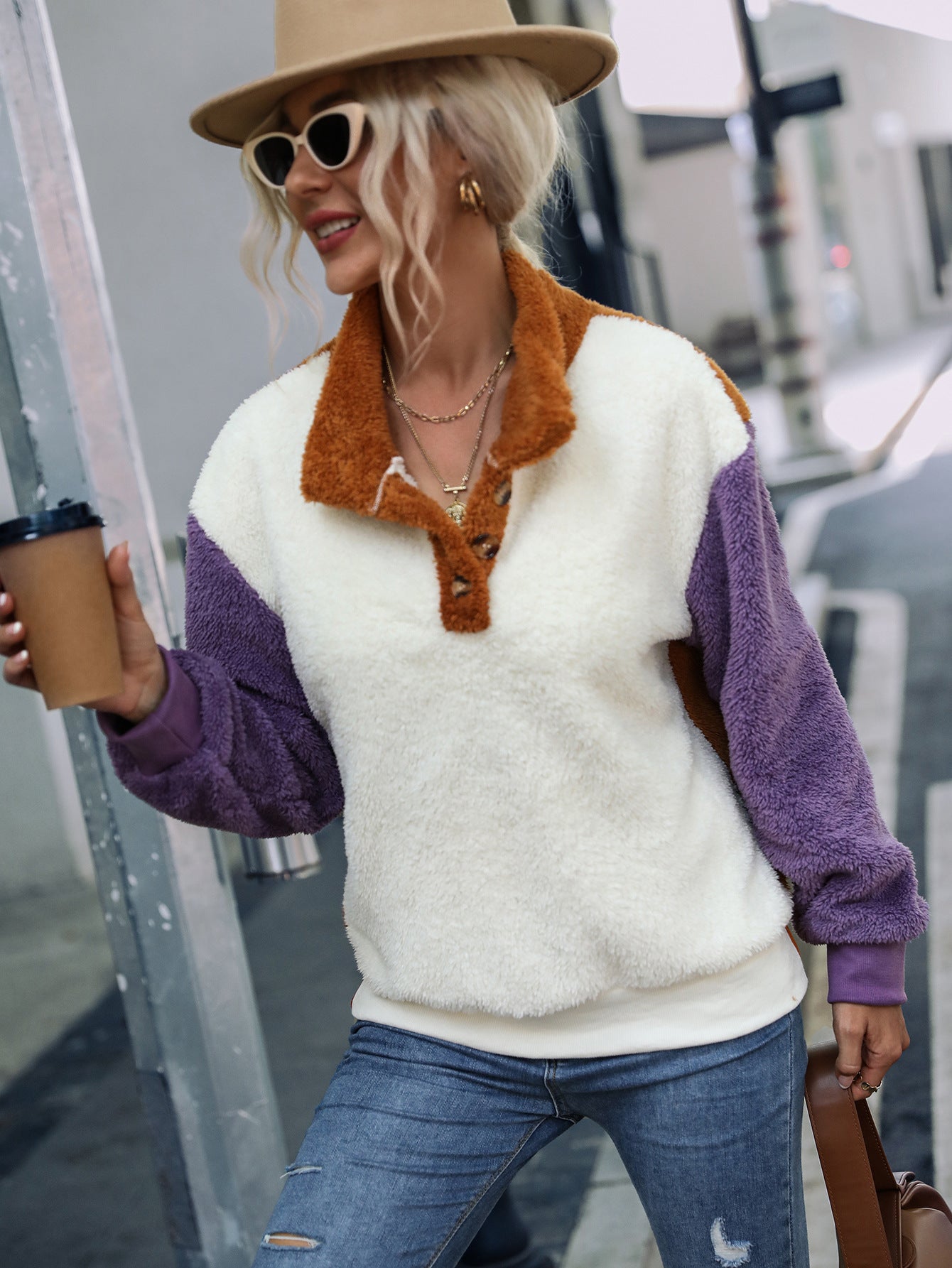 Cozy Colorblock Long Sleeve Plush Pullover Sweater
