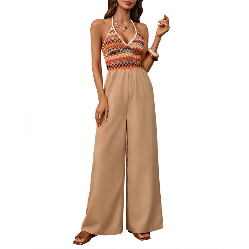 Ethnic-style Halterneck Patchwork Jumpsuit With Colorful Embroidery