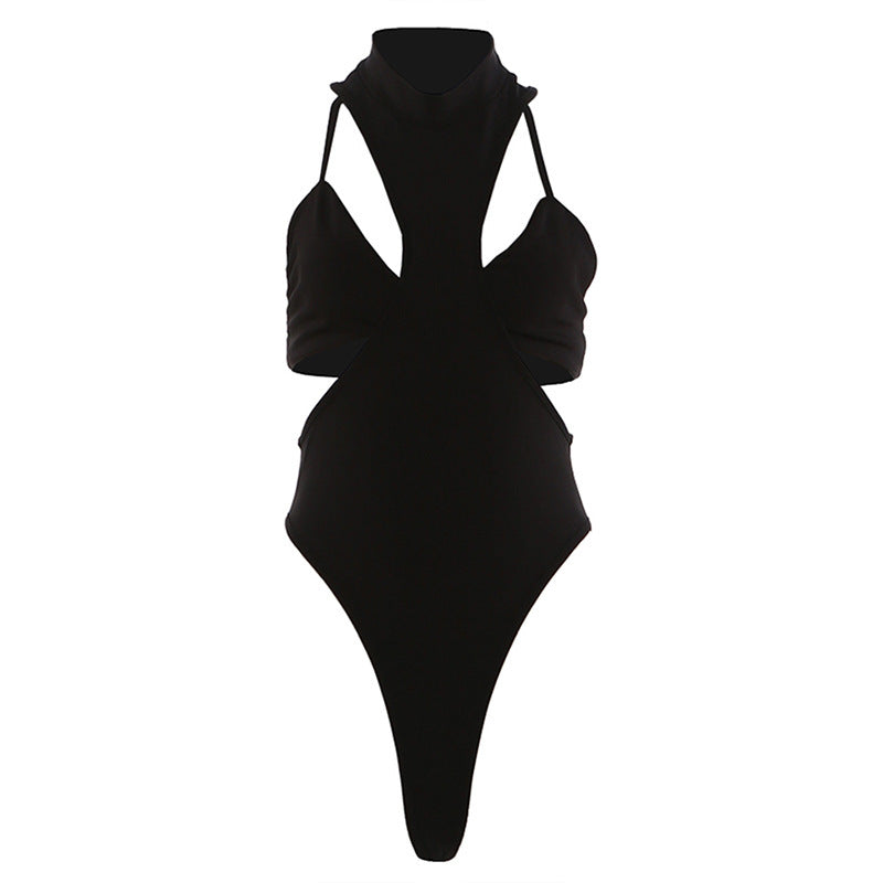 Sexy Solid-Color High-Neck Asymmetric Bodysuit For Women
