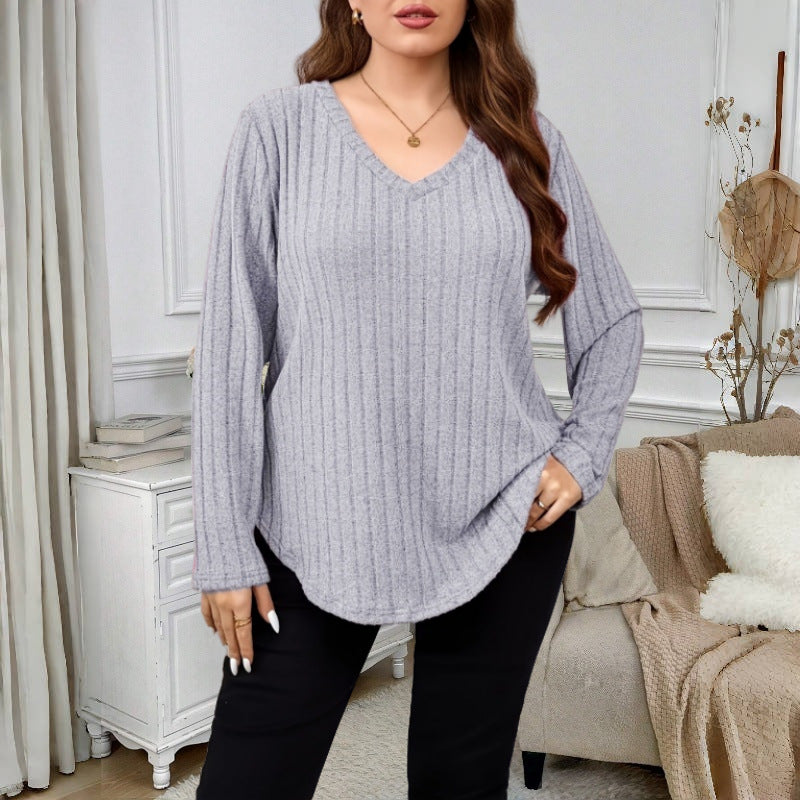 Solid-color Loose-fitting V-neck Long-sleeve Ribbed Top