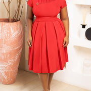 Women's Mid-Length Dress with Boat Neck, Short Sleeves, Cinched Waist and Pleated A-Line Skirt
