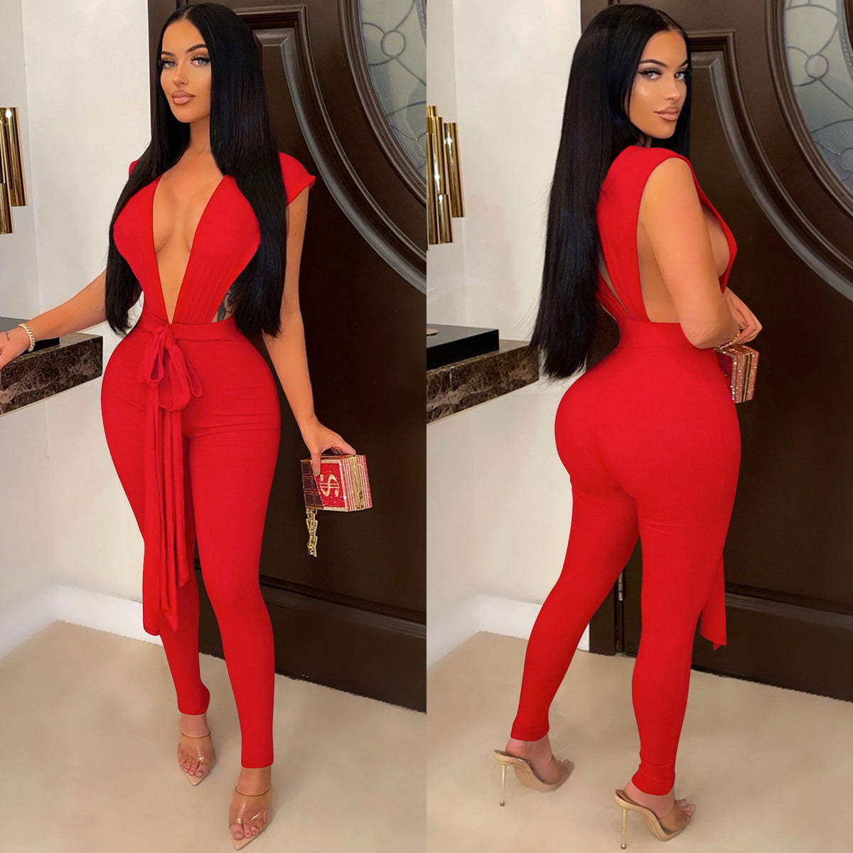 Women's Deep V-Neck Sleeveless Bandage Jumpsuit