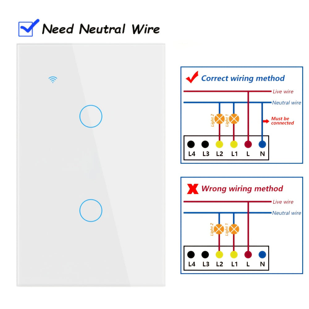 Premium Scratch‑Resistant Glass Smart Wall Switch – WiFi & Bluetooth Touch Screen, Voice Control, 1‑4 Gang, 600 W per Gang, Neutral Required