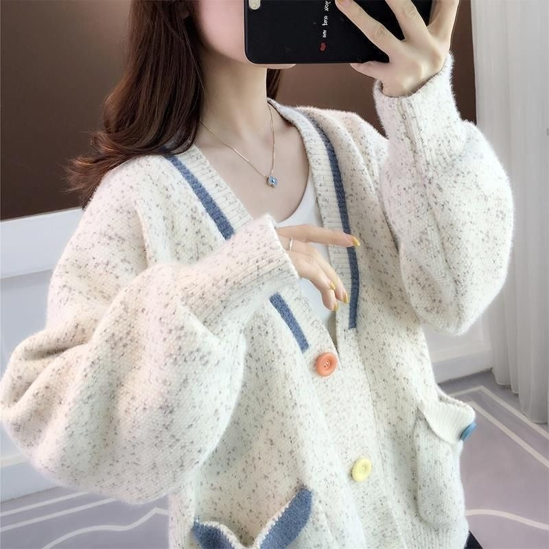 Womens Loose-fitting Outerwear Sweater with Contrasting-color Pockets