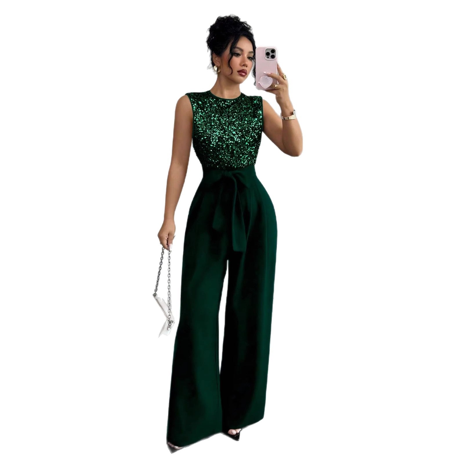 Elegant Sequin V-Neck Wide-Leg Jumpsuit