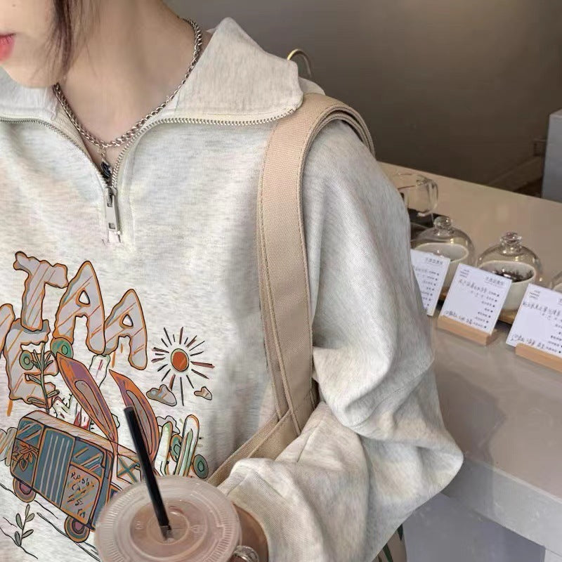 Half-Zip Polo Collar Loose Knit Sweater