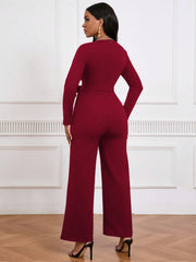 Elegant V-Neck Long Sleeve Straight Commuting Jumpsuit