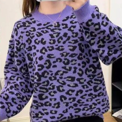 Leopard Jacquard Contrast Color Loose Thick Sweater Pullover Sweater