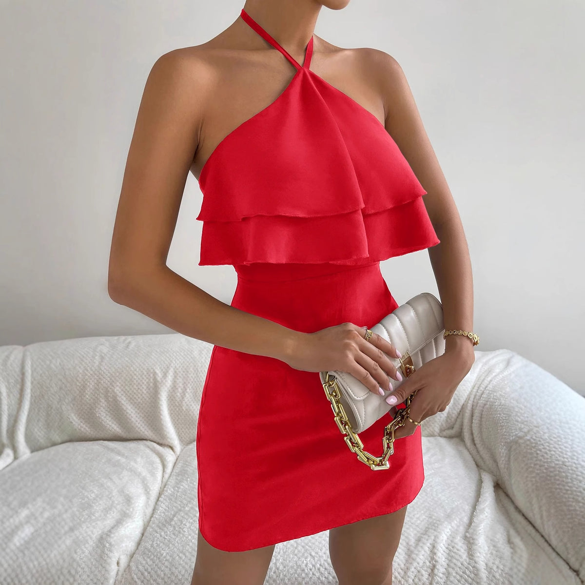 Fashionable European and American-style Summer Womens Sexy Sleeveless Sheath Dress in Solid Color with a Halter Neckline