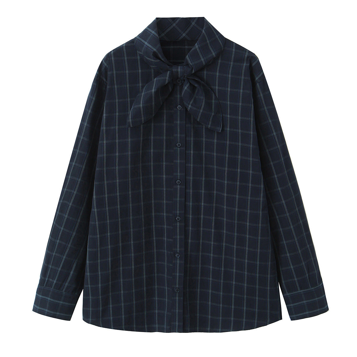 Womens Plaid Poplin Shirt With Scarf-Like Necktie