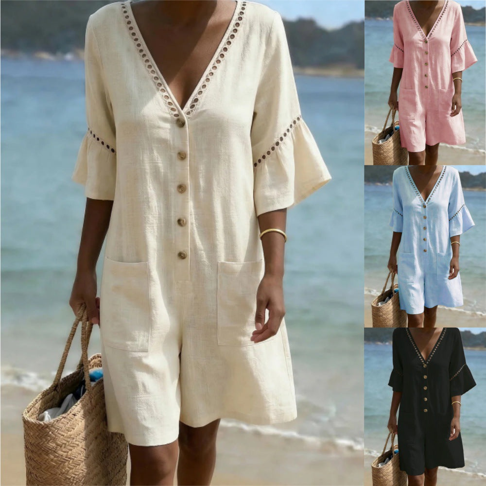Lace-Trimmed V-Neck Casual Jumpsuit