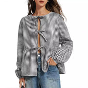 Loose Fit Lace-Up Long Sleeve Top – Flirty Geometric Print
