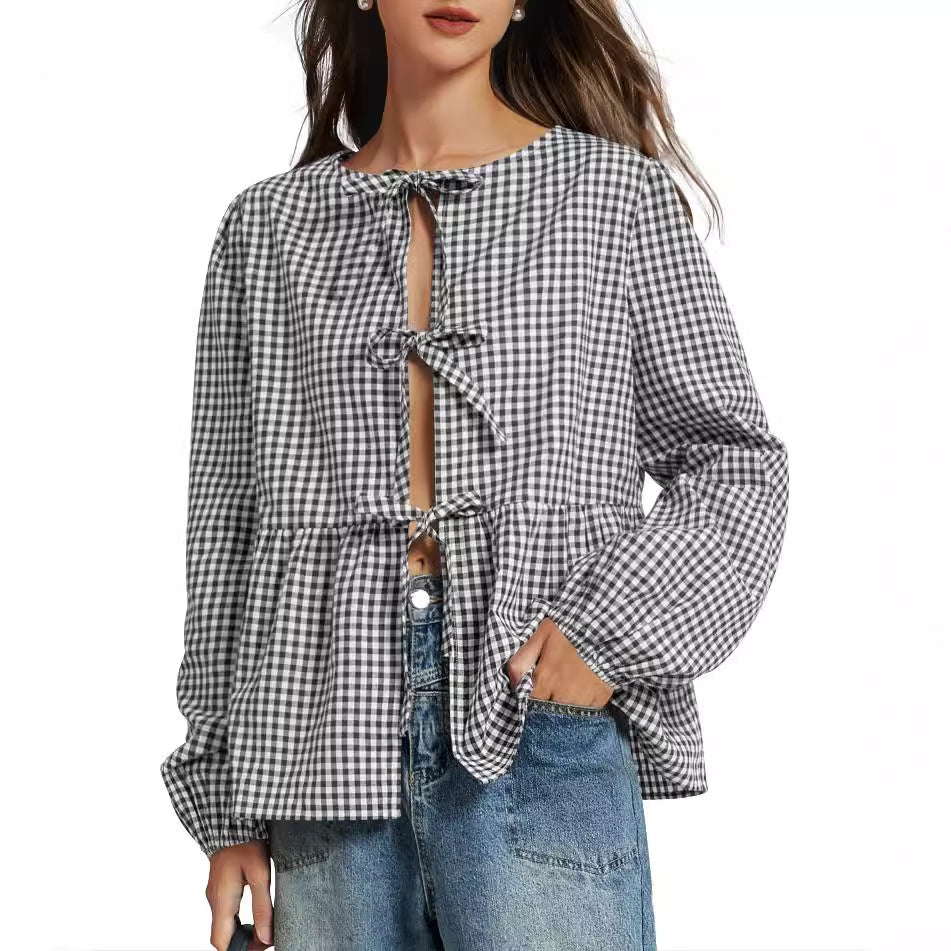 Loose Fit Lace-Up Long Sleeve Top – Flirty Geometric Print