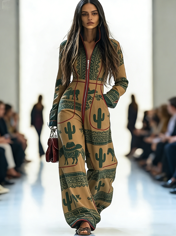 Casual Zippered Long-Sleeve Wide-Leg Jumpsuit