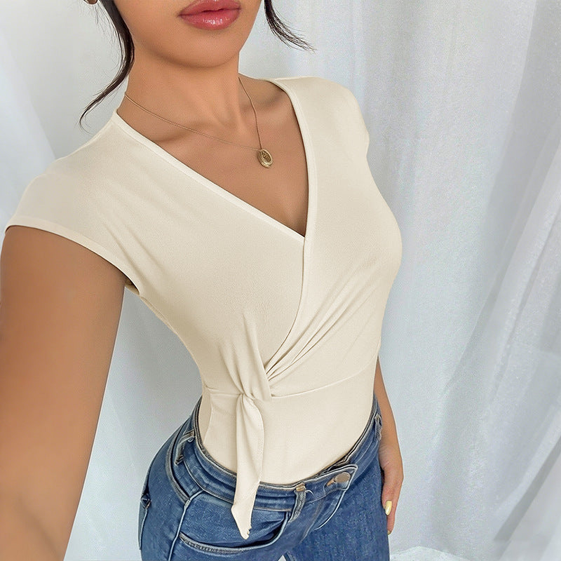 Solid-color V-neck Side-tie Full-sleeve Jumpsuit