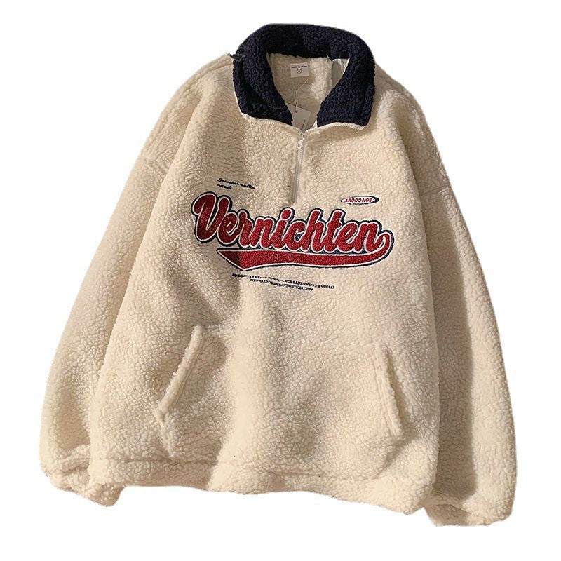 Cozy Retro Half-Zip Lambswool Hoodie with Embroidery