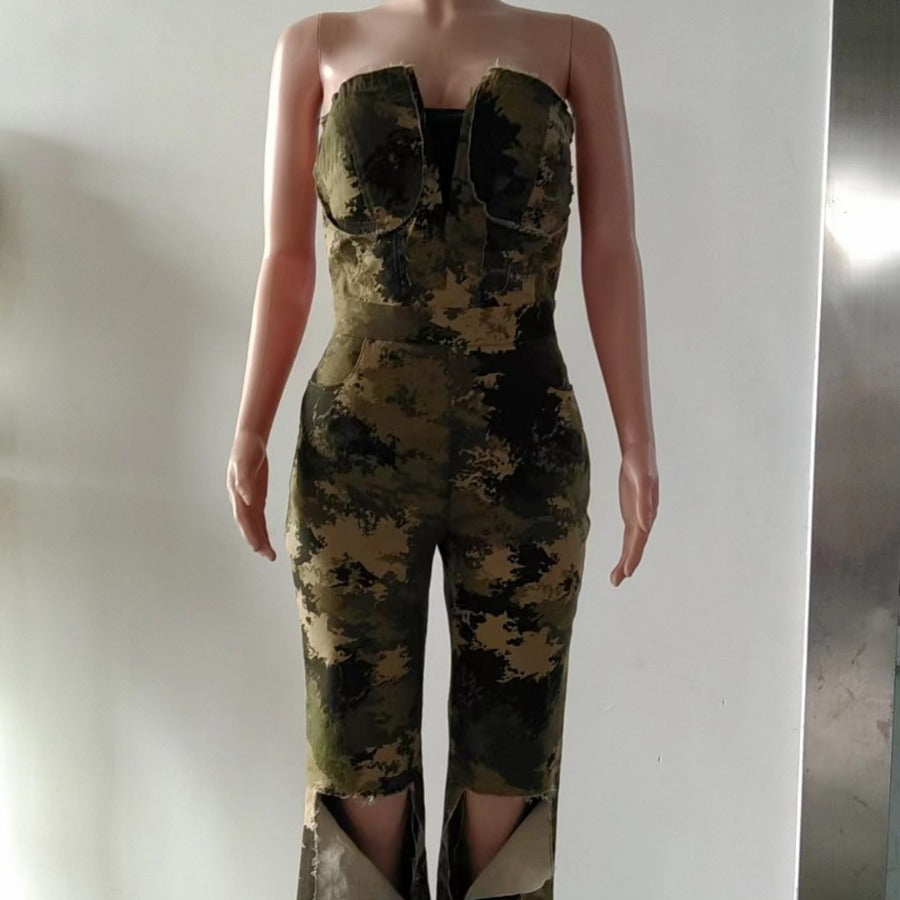 Off-shoulder Camouflage Chic Western-style Womens Jumpsuit