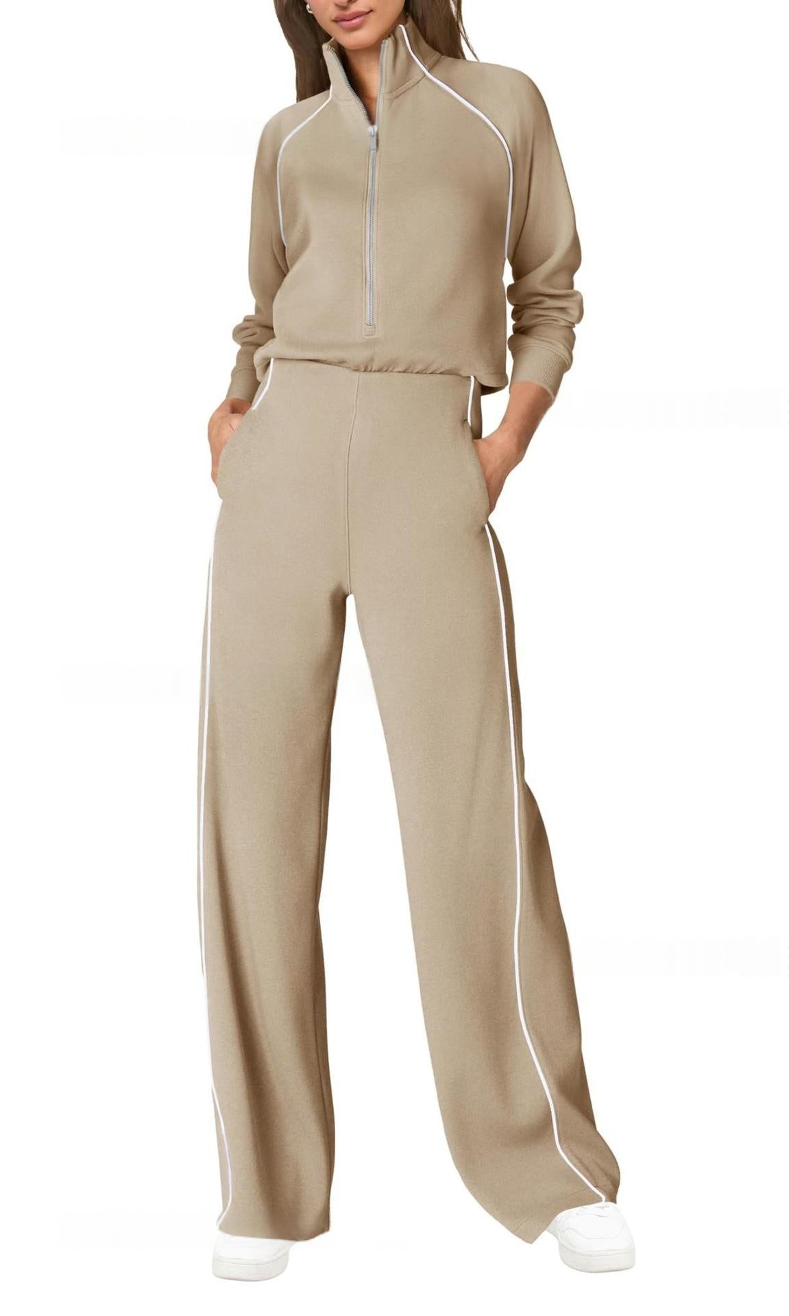 Color-Block Half-Zip Casual Sports Jumpsuit