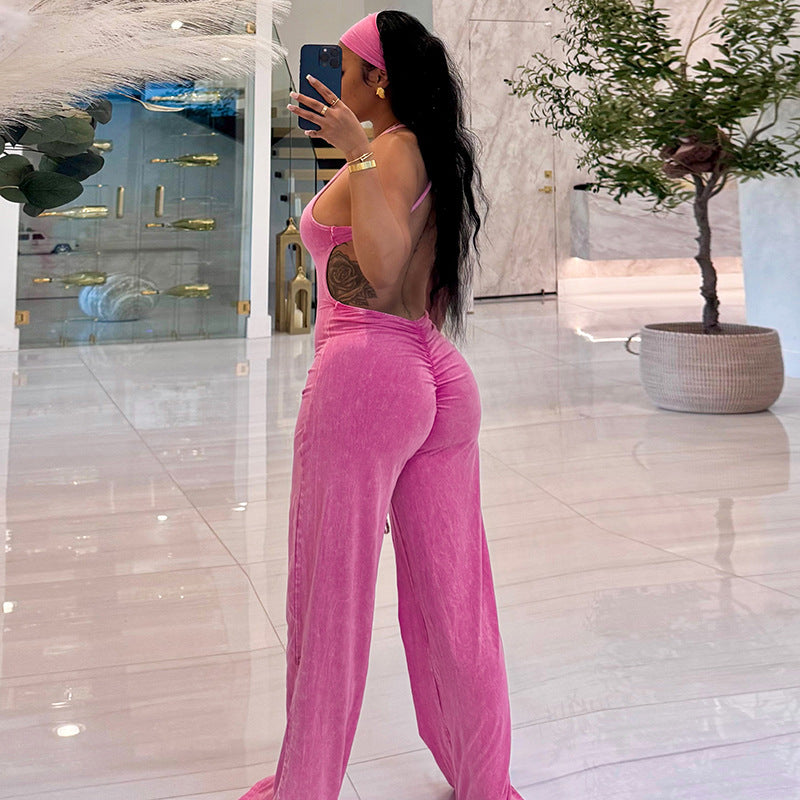 Casual Sporty Fauxwatereffect Openback Flared Jumpsuit