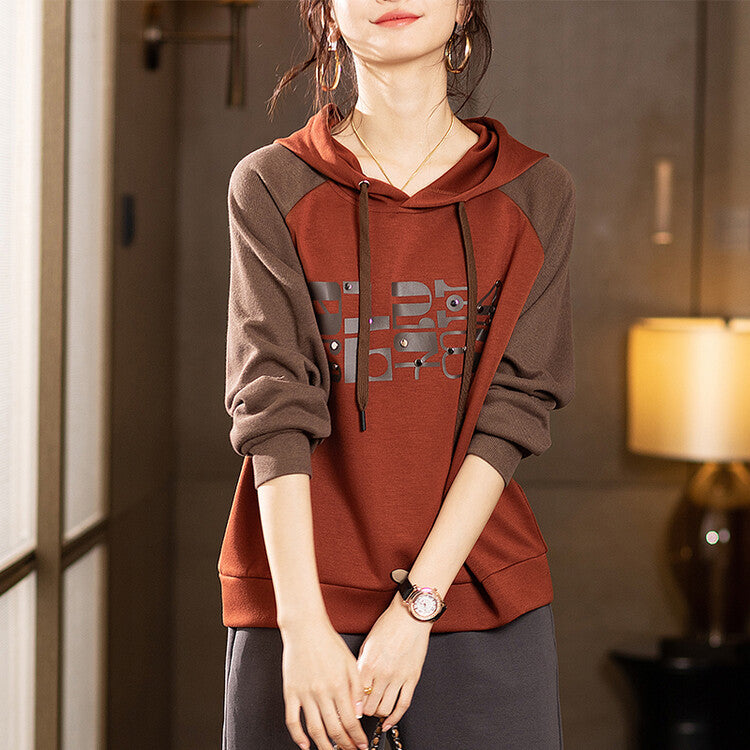 Women's Colorblock Pullover Hoodie with Letter Print