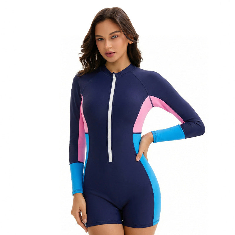 Women's Long-Sleeve Color-Block One-Piece Swimsuit