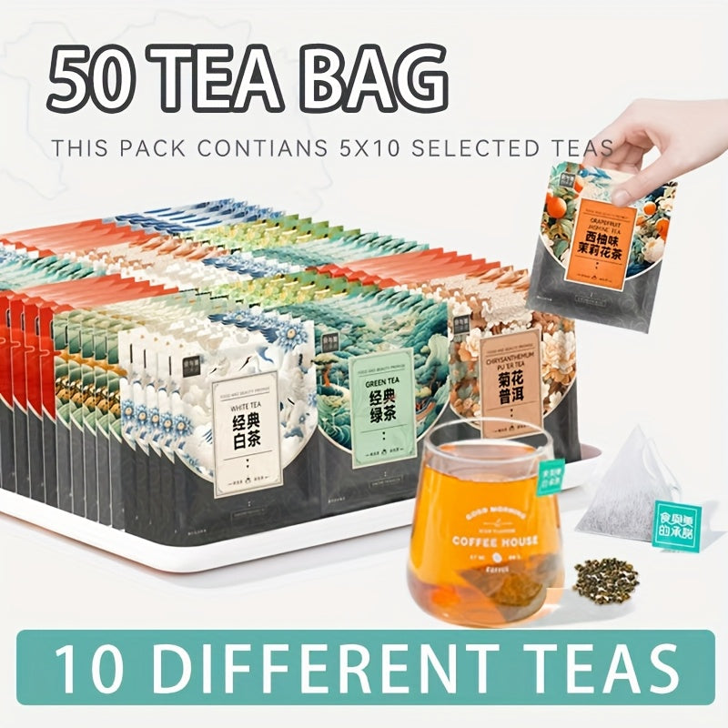 Tea Bag Samples, 50 Bags/100 Bags/200 Bags Individually Wrapped in Pyramids(10 Differentflavors ), Tea Samples Gifts for Tea Lovers, Tea Gift Sets, Holiday Gift, for Office & Party, Independence Day Gifts