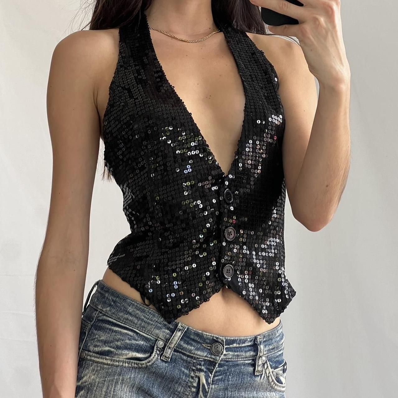 Sexy Backless Button‑Up Crop Top – Stretchy Black Halterneck