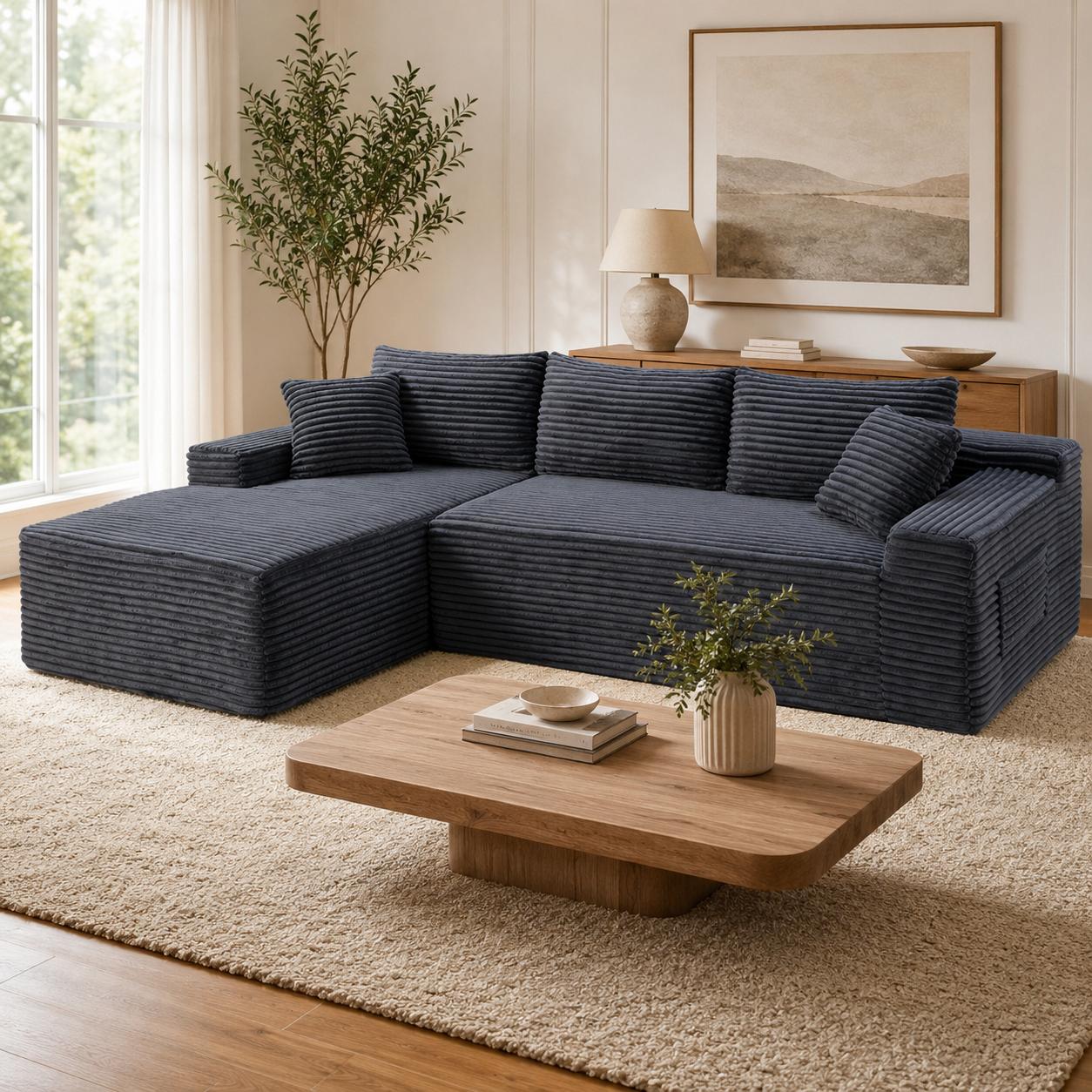 Left chaise L-shaped sectional sofa with memory foam cushions and corduroy upholstery