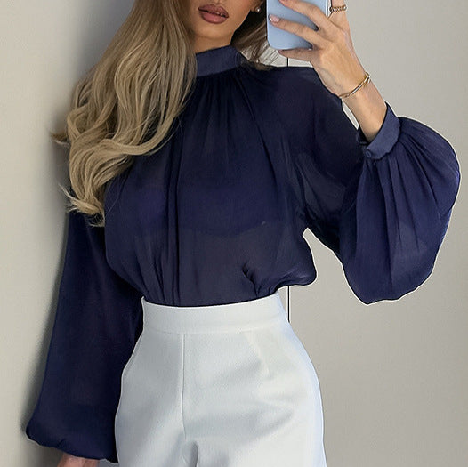 Deep‑Blue Puff‑Sleeve Long‑Sleeve Blouse – Elegant, Versatile Workwear