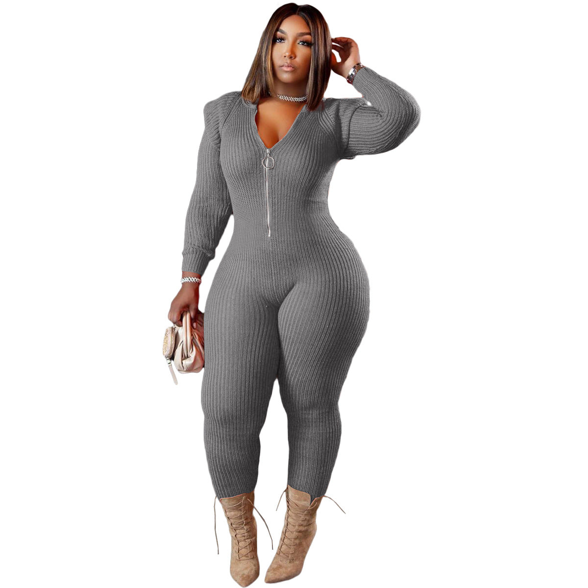 Women's Fall Winter Fashion Knitted Wool Padded Shoulder Hooded Jumpsuit