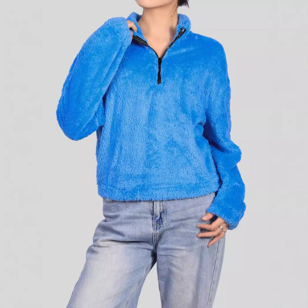 Thermal Half-high Collar Long Sleeves Zipper Design Loose Casual Top