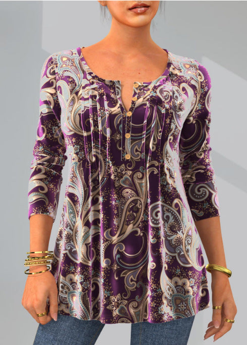 Chic Fashion Print Round Neck Long Sleeve Top