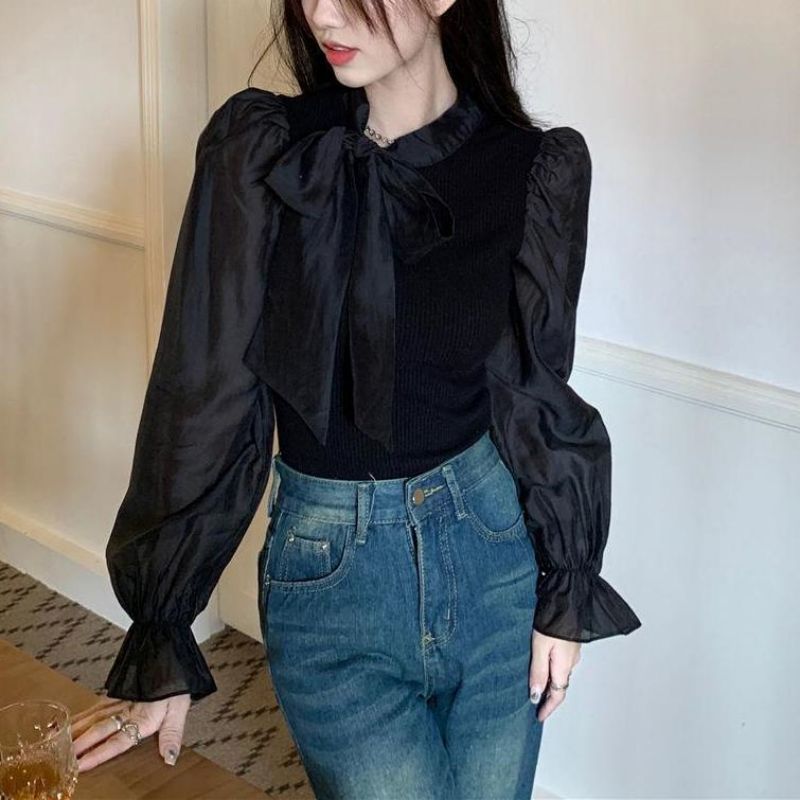 Stand Collar Tie-up Slim-fit Temperament Wild Stitching Shirt