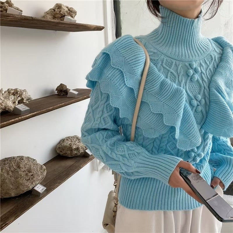 Pullover Knitted Top Ruffled Thick Turtleneck Sweater