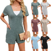 V-neck Loose-fit Pocketed Short-sleeve Jumpsuit Beach Pants Womens
