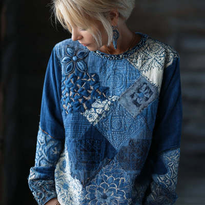 Bohemian Rose-Embroidered Loose Linen Top