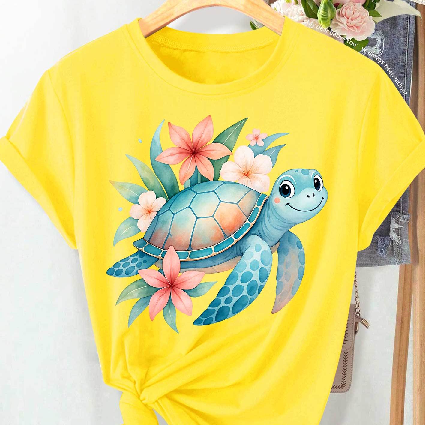 Women's Short Sleeve Round Neck Tunic with Smiling Sea Turtle and Tropical Floral Print