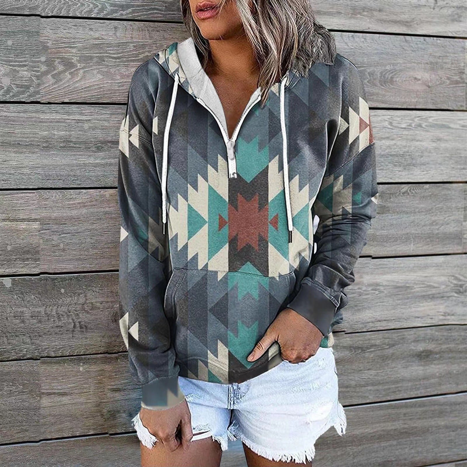 Ethnic Tribal Geometric Print Zip Hoodie
