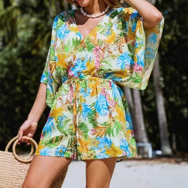 Chic V-Neck Printed Tie-Waist Jumpsuit for Women