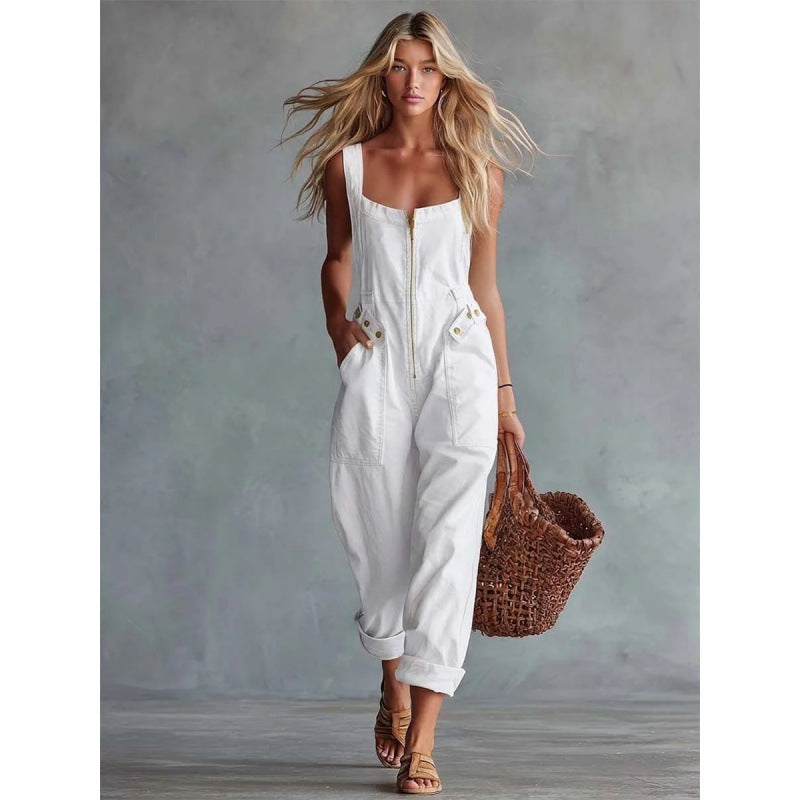 Retro Square Neck Denim Jumpsuit with Front Zipper