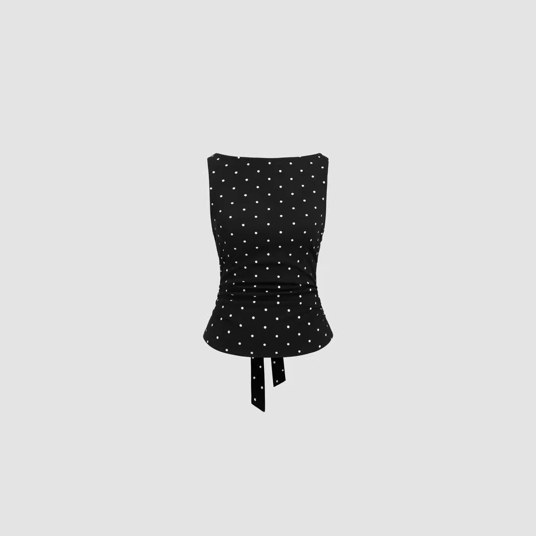 Polka-Dot Strap Backless Sleeveless Top Womens T-Shirt