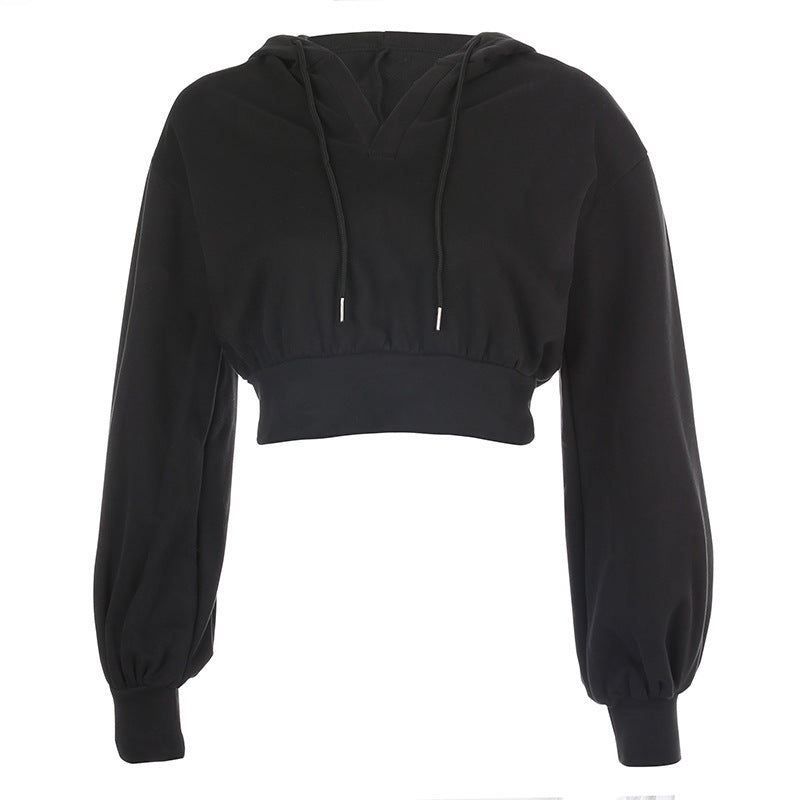 Solid Color Waist Tight Loose V-neck Hooded Jacket