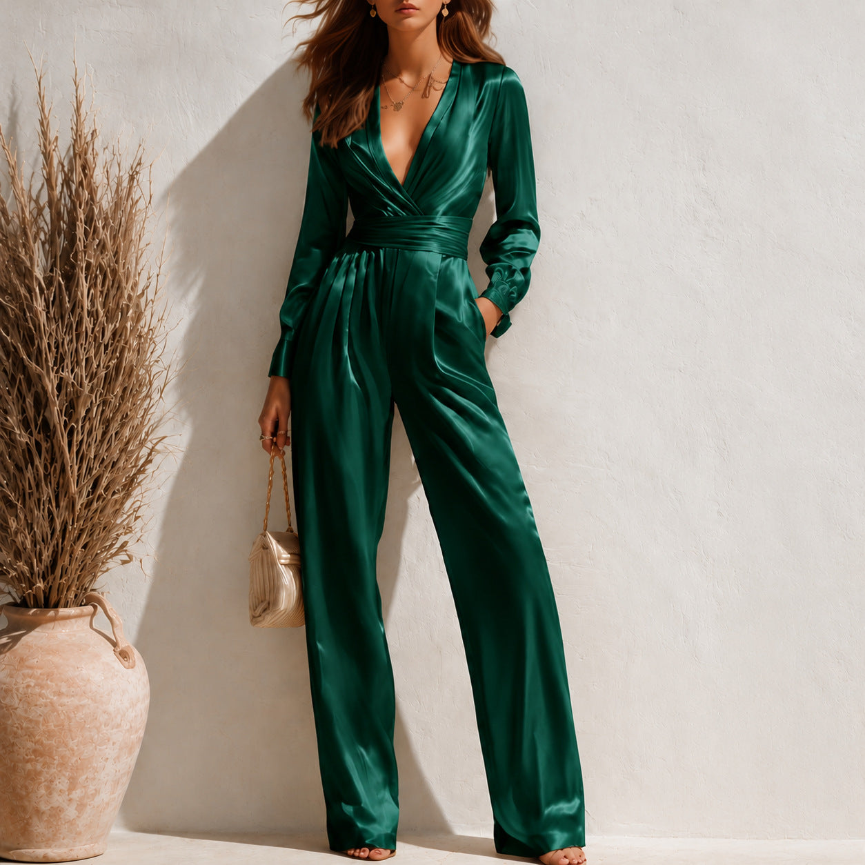 Womens V-neck Long-sleeve Satin Jumpsuit