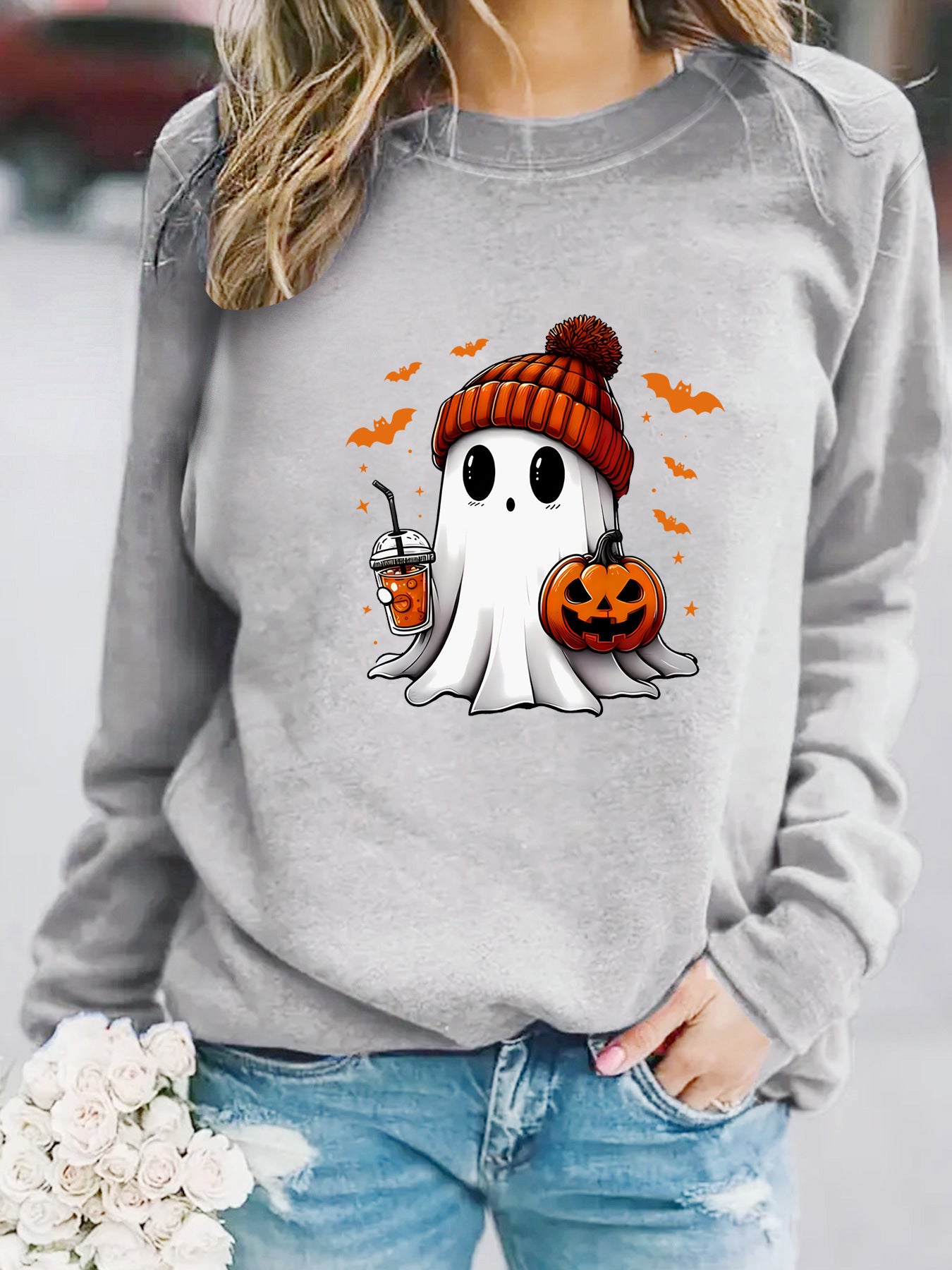 Ghost Snowman Print Crewneck Sweater