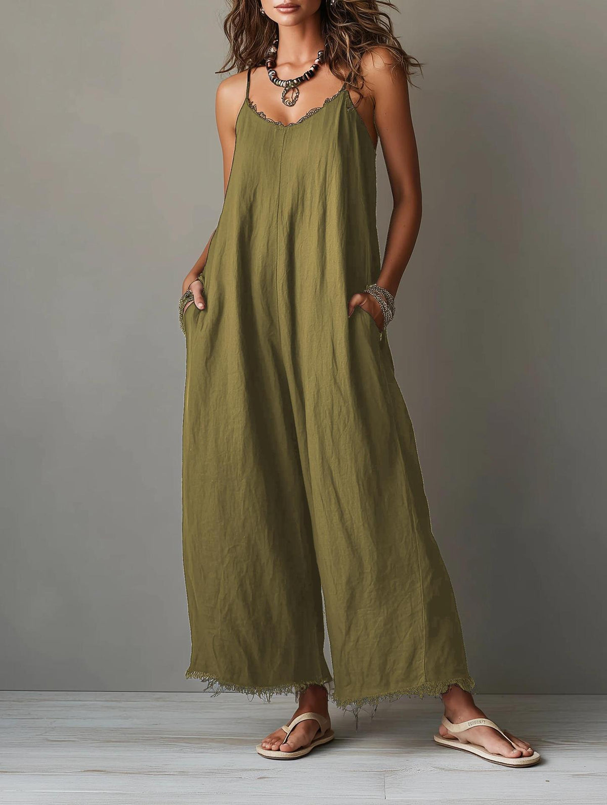 Womens Loose-fitting Solid-color Wide-leg Jumpsuit With Straps