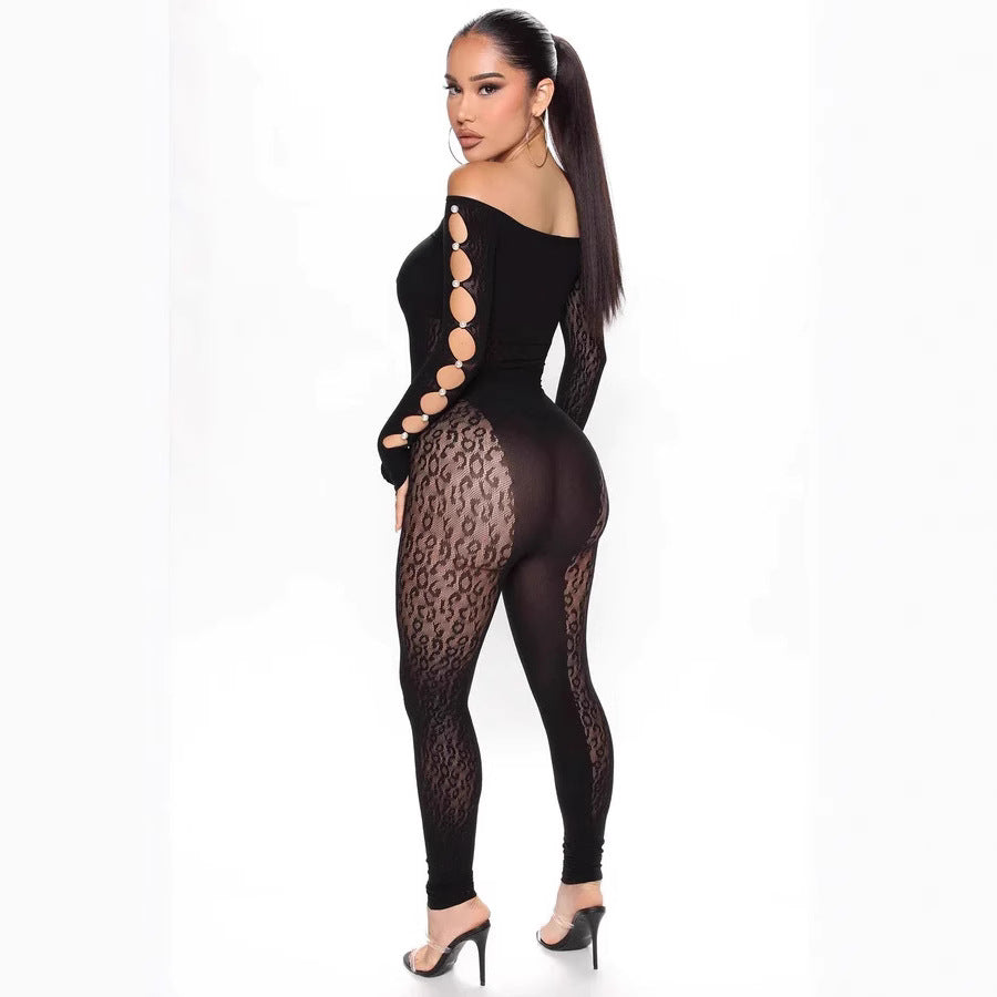 Plus-Size Leopard Print Off-Shoulder Yoga Jumpsuit