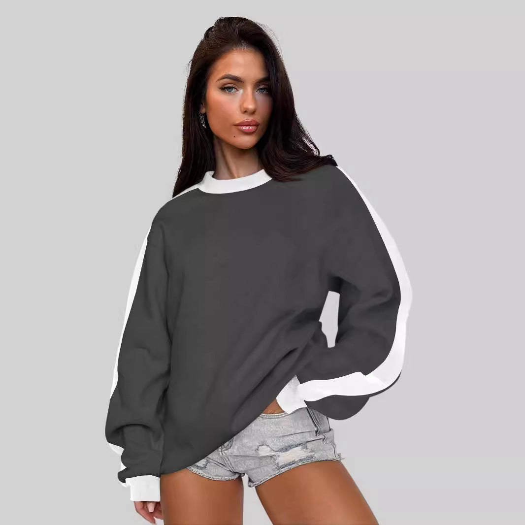 Women's Contrast Color Loose Round Neck Long-Sleeve Sweater